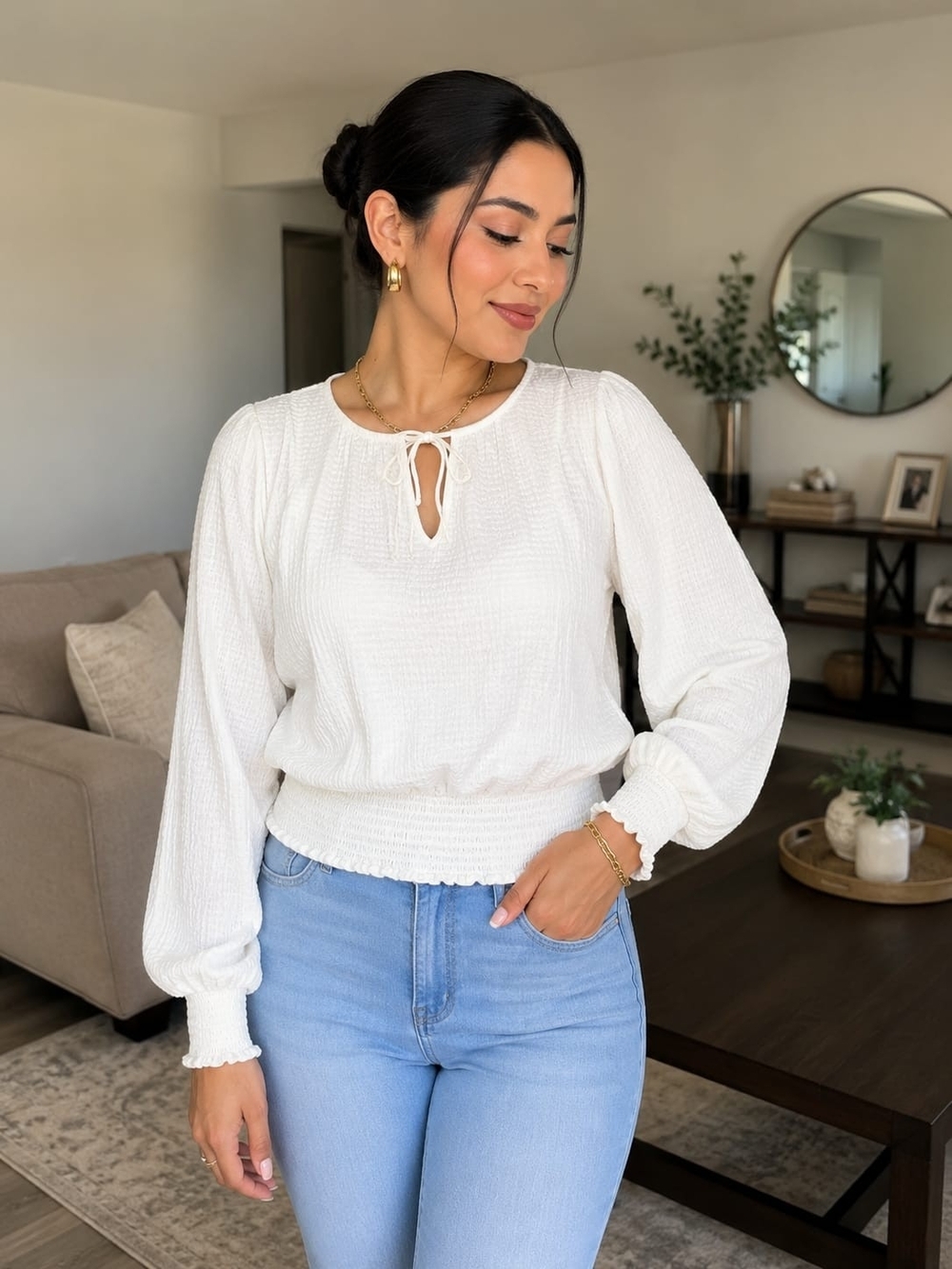 Anthropologie Cream Textured Tie-Neck Smocked-Waist Blouse